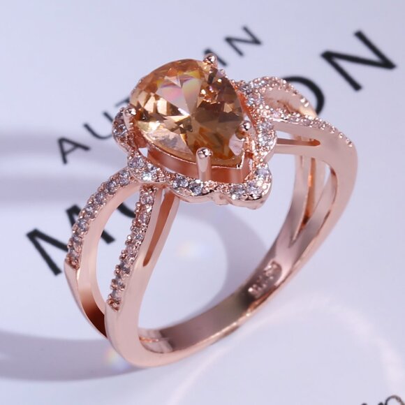 Jewelry - Elegant Pear Zircon Double Layer Rose Gold Water Drop Ring for Women, VIP542